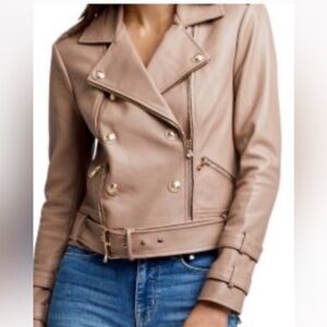 L'AGENCE Taupe Leather Double-Breasted Biker Jacket